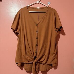 Urban Rose Womens Blouse Plus 2X Double Extra Large Orange Button Up Tie Knot